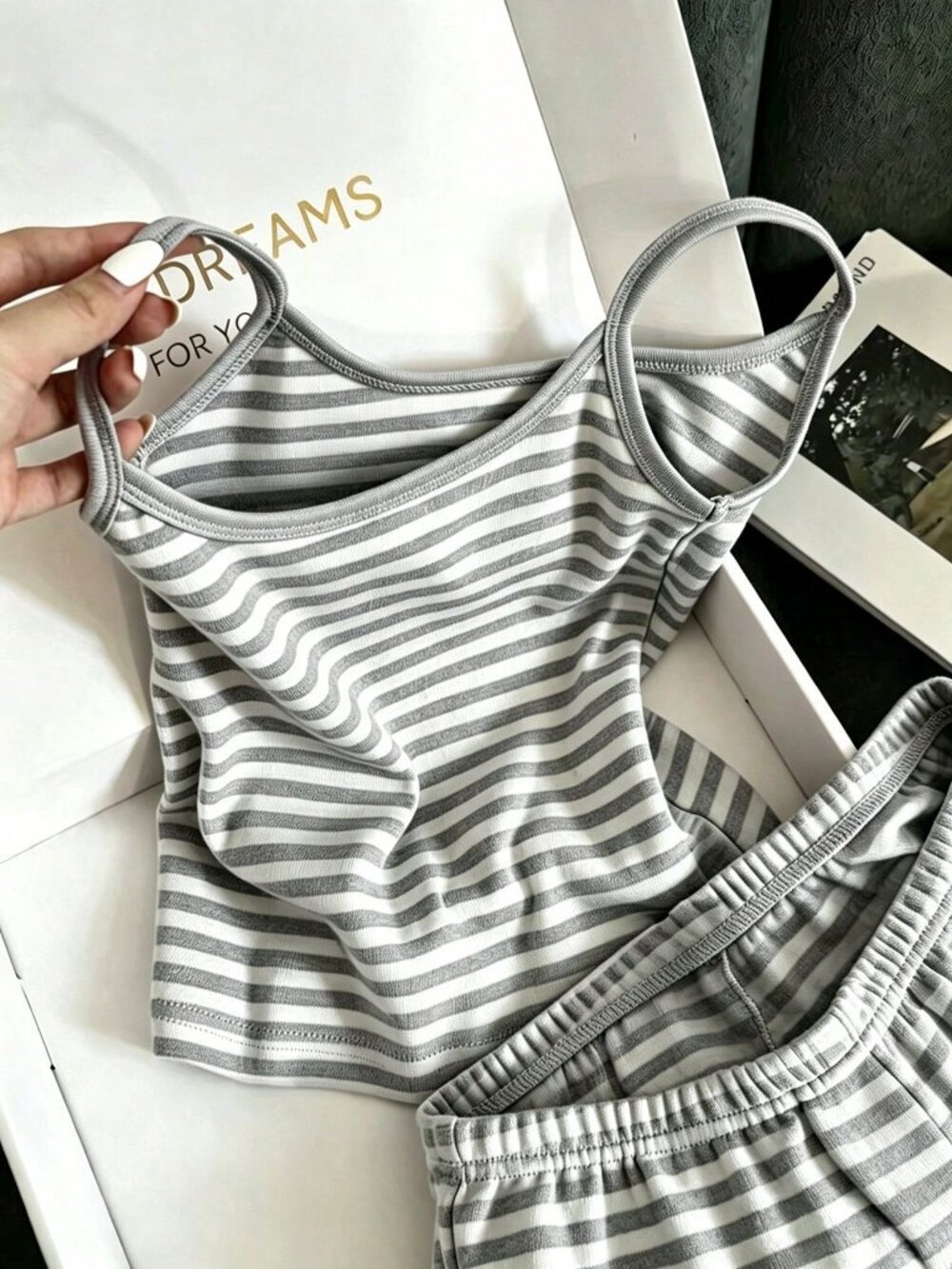 Light Grey Casual Women's Vacation Striped Camisole & Shorts Set
